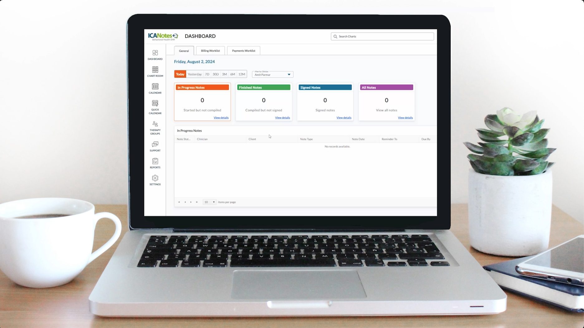 laptop showing the clinician dashboard in ICAnotes